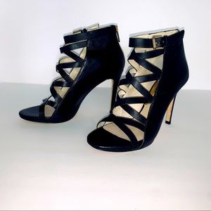 MICHAEL KORS BLACK LEATHER ANKLE BOOTIE OPEN TOW STRAPPY BLACK 4” HEELS-SIZE 8.5